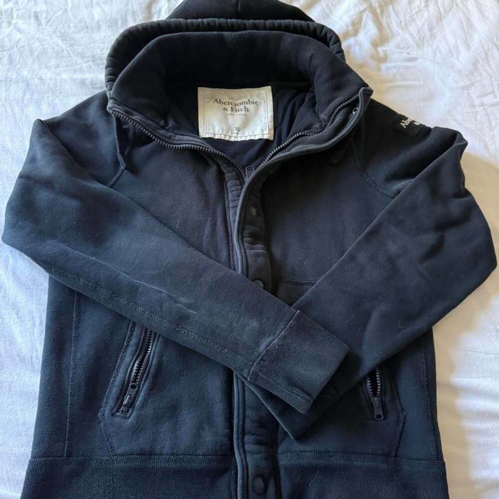 Abercrombie & Fitch Navy Zip Snap Hoodie Funnel Neck Fleece Lined Zip Pockets Y2